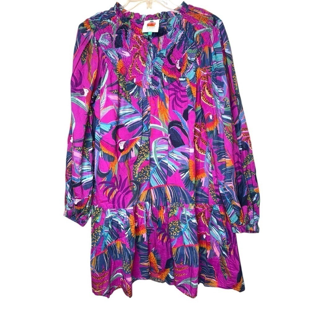 ▶️ Farm Rio ◀️ Tropical Rainbows Macaws Puff Sleeve Mini Dress 🦜 - Picture 6 of 16